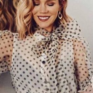 Zara: sheer cream blouse with black polkadots and buttons with neck bow. XS